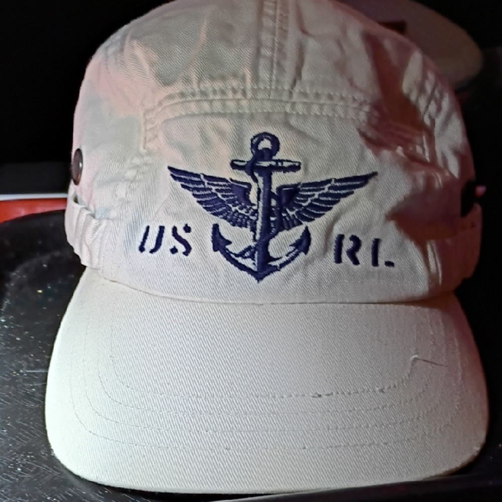 Here's A Rare One, White/Blue, 5 Panel Lightly Distressed Military Polo Hat